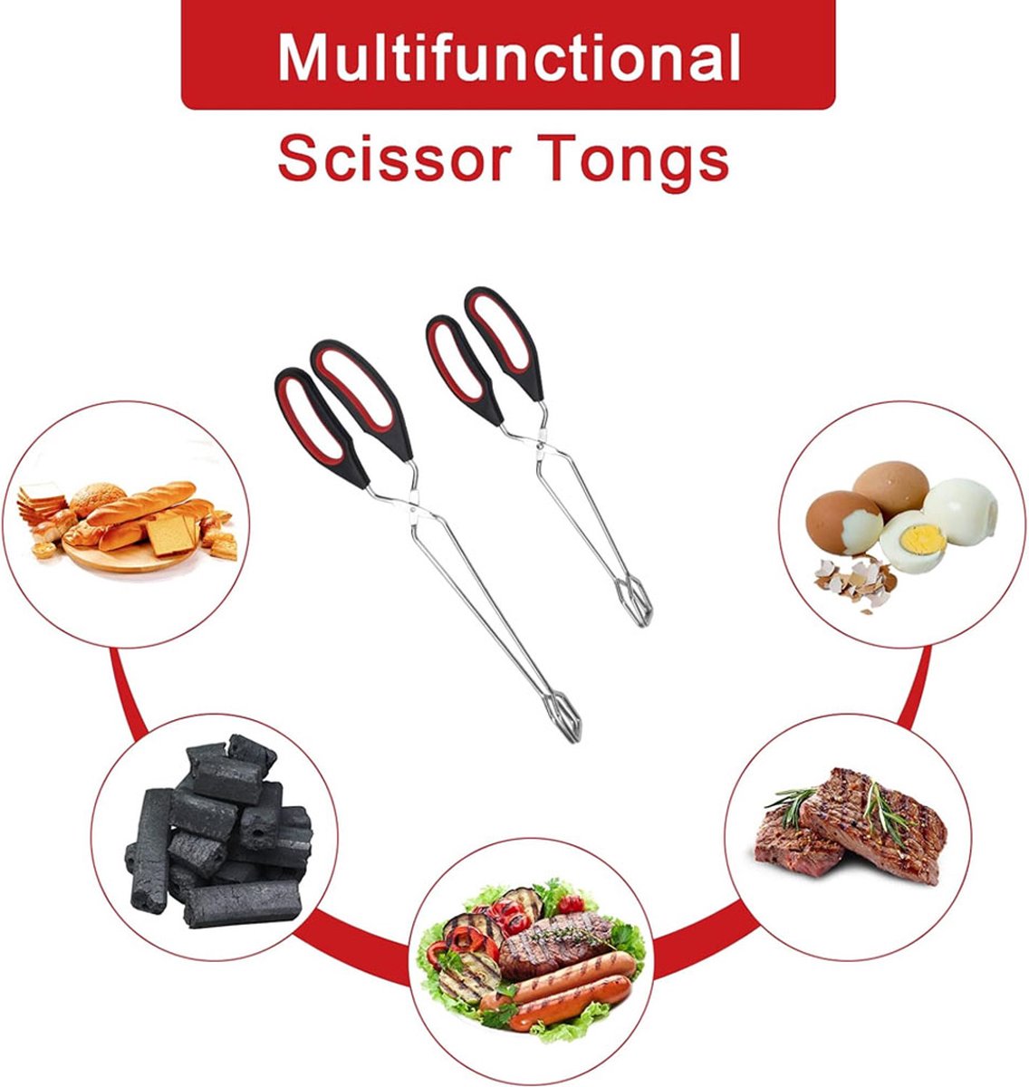 BBQ Tongs - Set of 2 - Barbecue Tongs - Meat Tongs - Grill Tongs - Kitchen Tongs - Meat Tweezers - Serving Tongs - Kitchen Tweezers - Scissor Tongs - Bread Tongs - Charcoal Tongs - Barbecue Accessory - Kitchen Utensils - Comfortable Grip - Durable - Dishw