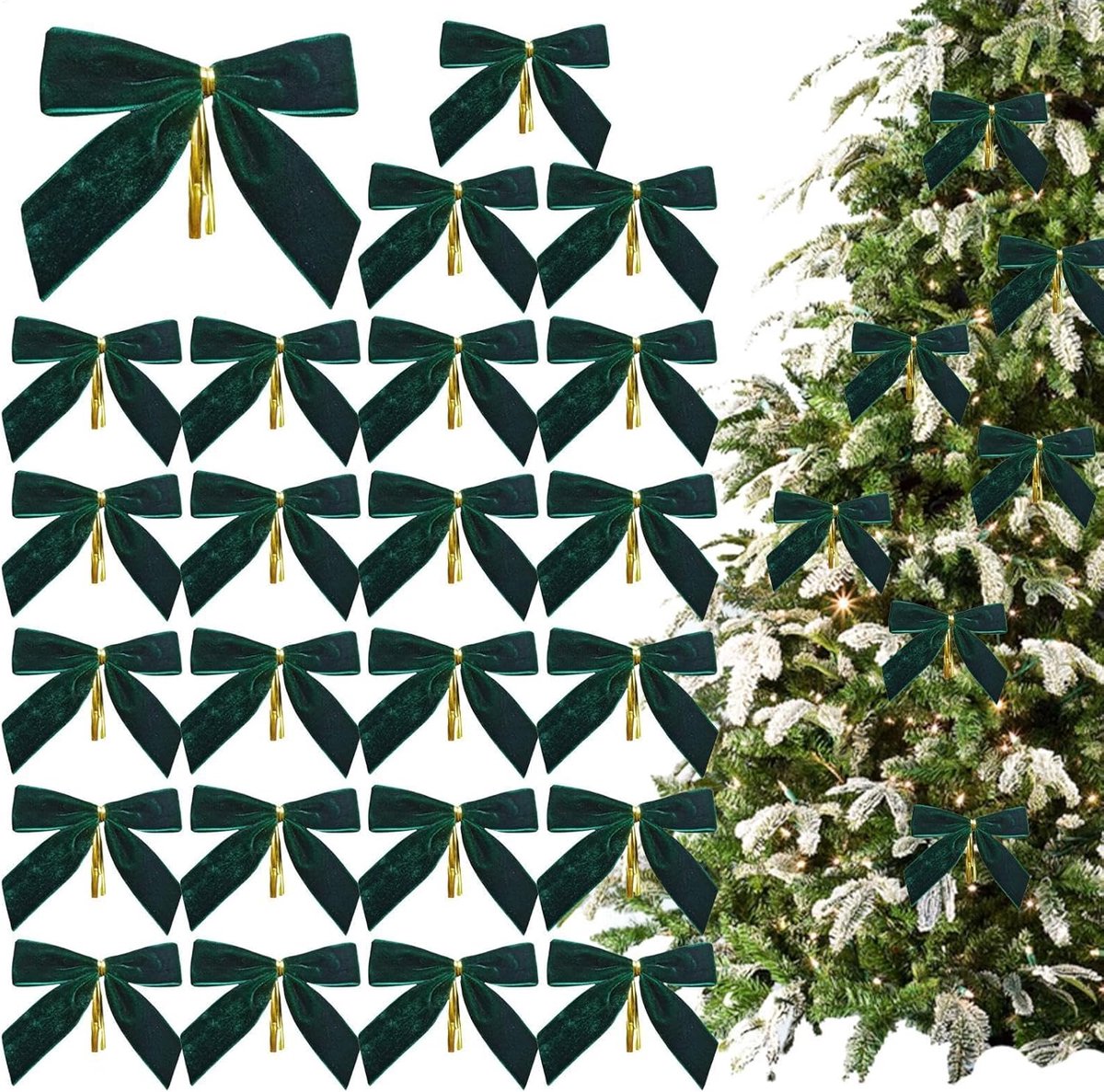 24 Piece Velvet Christmas Bows - Glitter - Christmas Decoration Bows - Christmas Ornaments - Christmas Tree Decoration - Christmas Bows - Christmas Atmosphere - Christmas - 3.5 x 3.5 inches - For Christmas Party, Christmas Tree, Indoors, Crafts - Green
