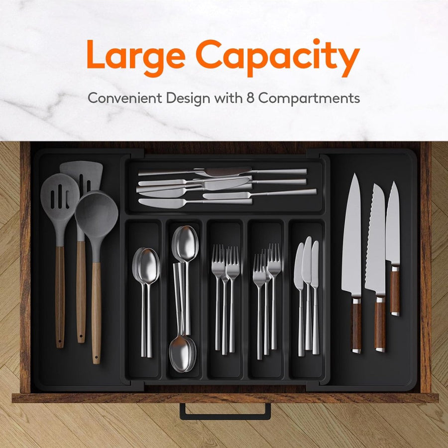 Extendable Cutlery Tray with 8 Compartments - 38 Cm Deep - Cutlery Cassette - Cutlery Drawer Organizer - Kitchen Cutlery Holder - BPA-Free - Organizer - Kitchen Drawer - Cutlery - 57 x 38 x 5 Cm Maximum Size - 33 x 38 x 5 Minimum Size - 6 to 8 Compartment