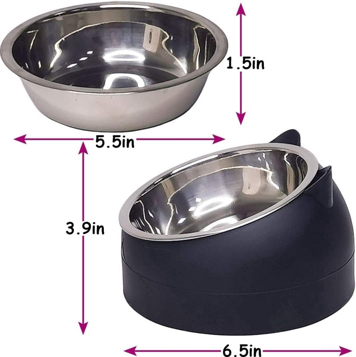 Dog Food Bowl - Cat Food Bowl - Stainless Steel - BPA-Free - Removable 2-in-1 Pet Bowl - 15° Tiltable - 2 x 200 ml - Dog Bowl - Sturdy - Durable - Non-Slip - - Dog & Cat Drinking Bowl - Black and White - Easy to Clean - Cat and Dog Gifts