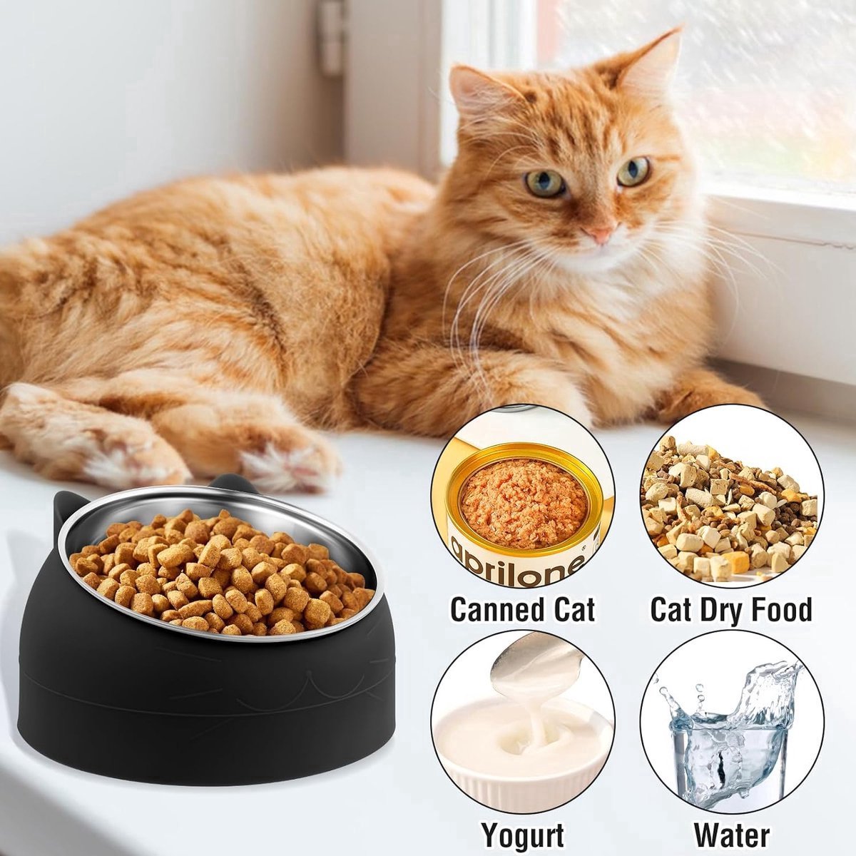 Dog Food Bowl - Cat Food Bowl - Stainless Steel - BPA-Free - Removable 2-in-1 Pet Bowl - 15° Tiltable - 2 x 200 ml - Dog Bowl - Sturdy - Durable - Non-Slip - - Dog & Cat Drinking Bowl - Black and White - Easy to Clean - Cat and Dog Gifts