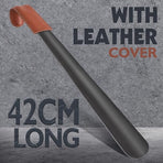 Long Shoehorn - 42cm - Stainless Steel - Shoe Puller - Shoe Horn - Leather Handle - With Leather Pouch - Durable and Extra Strong - Easy to Put On Shoes - Can Be Hung - Black