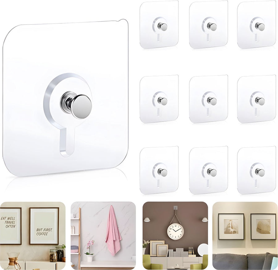 Self-Adhesive Nails - 10 Pieces - Adhesive Stick-on Nails - Hanging System - Towel Hook - Stick-on Hooks - Adhesive Screw - Picture Hanger - Flat Head - No Drilling Required - High Load Capacity - Wall Hooks - Hook