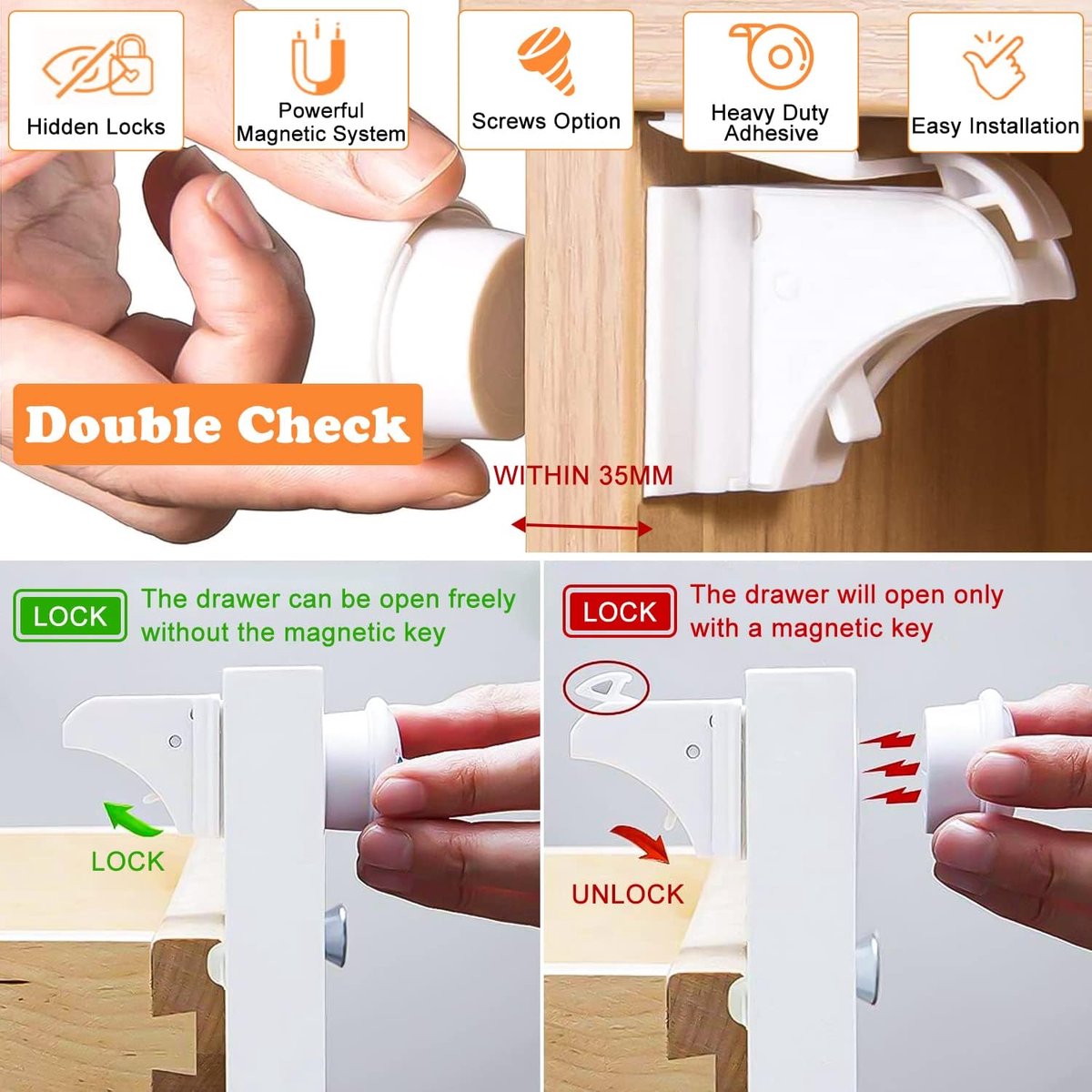 Magnetic Child Lock for Cabinets - Self-Adhesive Safety Hooks - 6 Locks and 2 Keys - Magnetic Lock - Cabinet Security for Children - Baby Toddler Magnetic Security for Cabinet, Door, and Drawer - Magnetic Closure - No Drilling or Screws - White