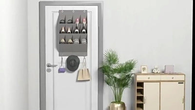Hanging Shoe Bag - Shoe Organizer - With Hooks - Door Organizer - Above-Door Shoe Organizer - Solution for Scattered Stuff - Door Storage Bag - Hanging Organizer - Grey - Space-Saving - For Shoes/Home Accessories Etc.