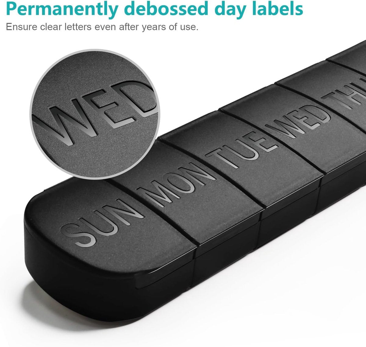 7-Day Pill Box - Portable Medicine Box - Weekly Pill Organizer - Once-a-Day Pill Box - Pill Containers - Travel-Friendly - For Medicines, Vitamins, Fish Oil Supplements - Black