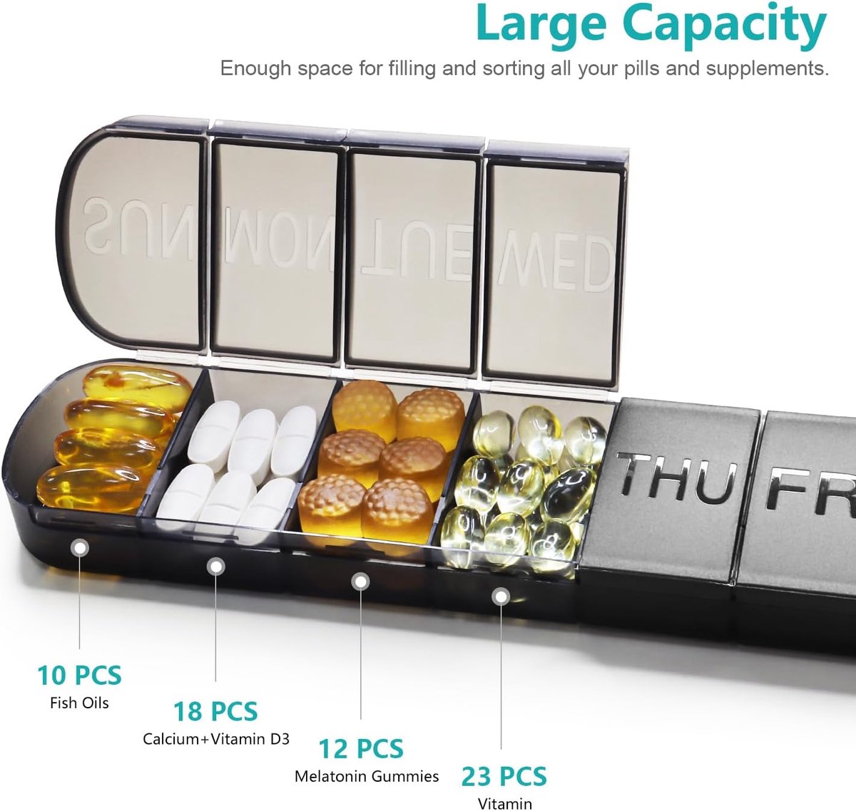7-Day Pill Box - Portable Medicine Box - Weekly Pill Organizer - Once-a-Day Pill Box - Pill Containers - Travel-Friendly - For Medicines, Vitamins, Fish Oil Supplements - Black