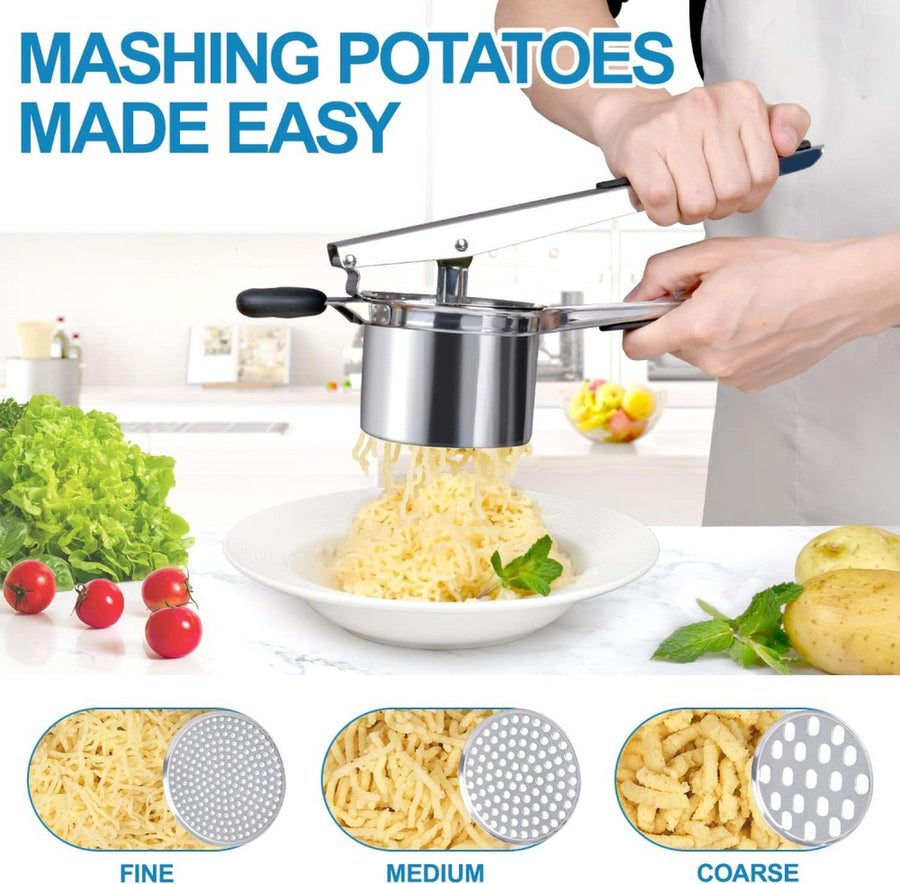 Stainless Steel Potato Press - Potato Squeezer - Potato Masher - Includes 3 Different Texture Discs - Can Be Hanged - Making Potato Puree - Puree - Dishwasher Safe - Gift