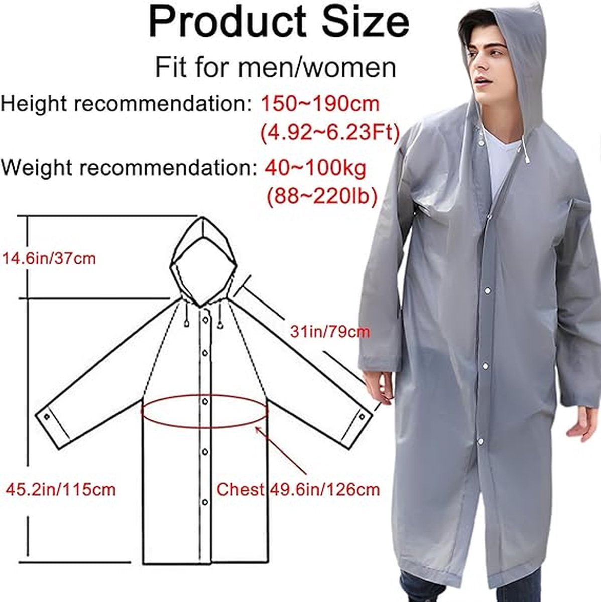 2x Raincoat - Hooded Raincoat - Rain Suit - Portable - Men's / Women's Raincoat - Thicker - Tear-Resistant - Lightweight - Foldable - Waterproof - One Size - Poncho - Rain Poncho - Rain - Grey - For Fishing/Travel/Emergencies