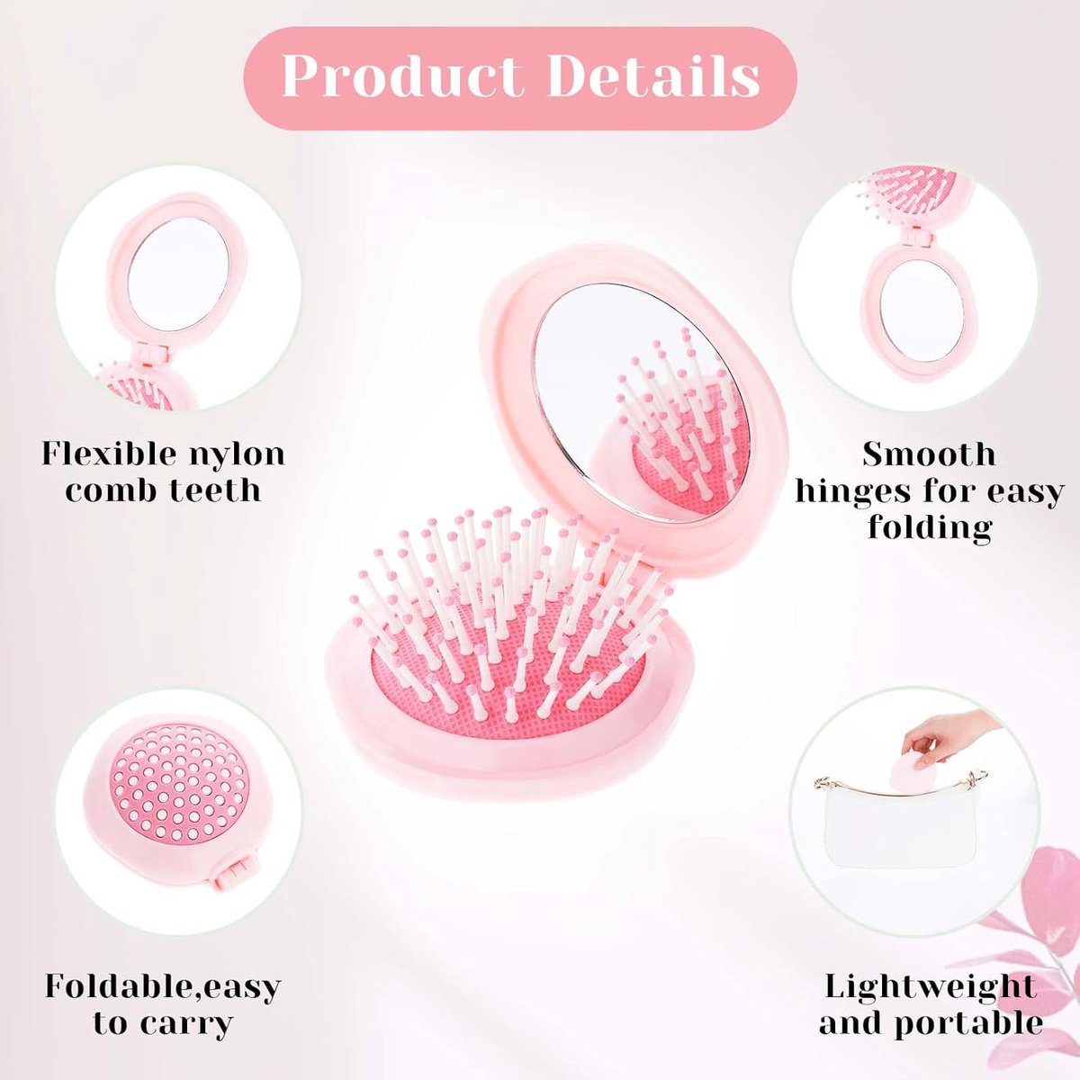 Hairbrush - Mini Hairbrush - Foldable hairbrush - with mirror - Comb - Hairdresser's Comb - styling tool - Curling Comb - Round - pink - pp - 7.6*7*2.7 cm - for bag/pocket