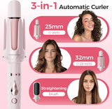 3 in 1 Curling Iron - Automatic Curling Iron - Straightener - Hair Curler - Straightening Brush - 25mm and 32mm - French Wave Curling Iron - Heated Brush - Portable Rotary Curling Iron - Heat and Travel Protection - Curling Irons - Thermal Brush - 3 in 1 - Side View