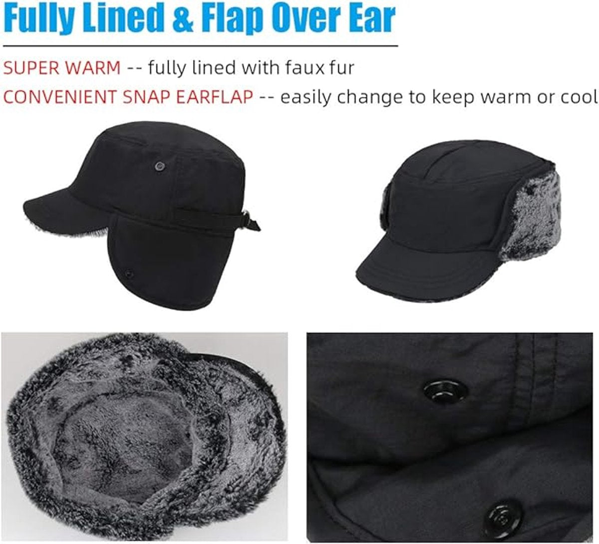 Beanie - Winter hat - Men's winter hat - Winter ear flap hat - with visor - with ear flaps - Ski hat - Cold weather - Trapper hat - Ear warmers Water-repellent outdoor hat - Winter - for outdoor sports, skiing, cycling, hiking, running - black