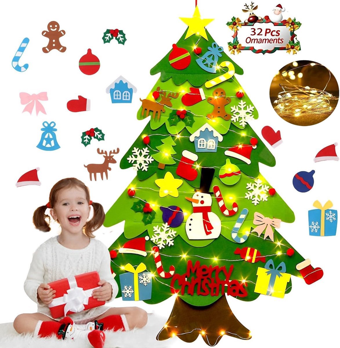 Felt Christmas tree - Christmas tree with lights - Felt Christmas tree for children incl. 32 ornaments - children's gift with string lights - Safe Felt DIY Tree - children's Christmas DIY wall hanging - Christmas Decoration Set - Christmas tree project -