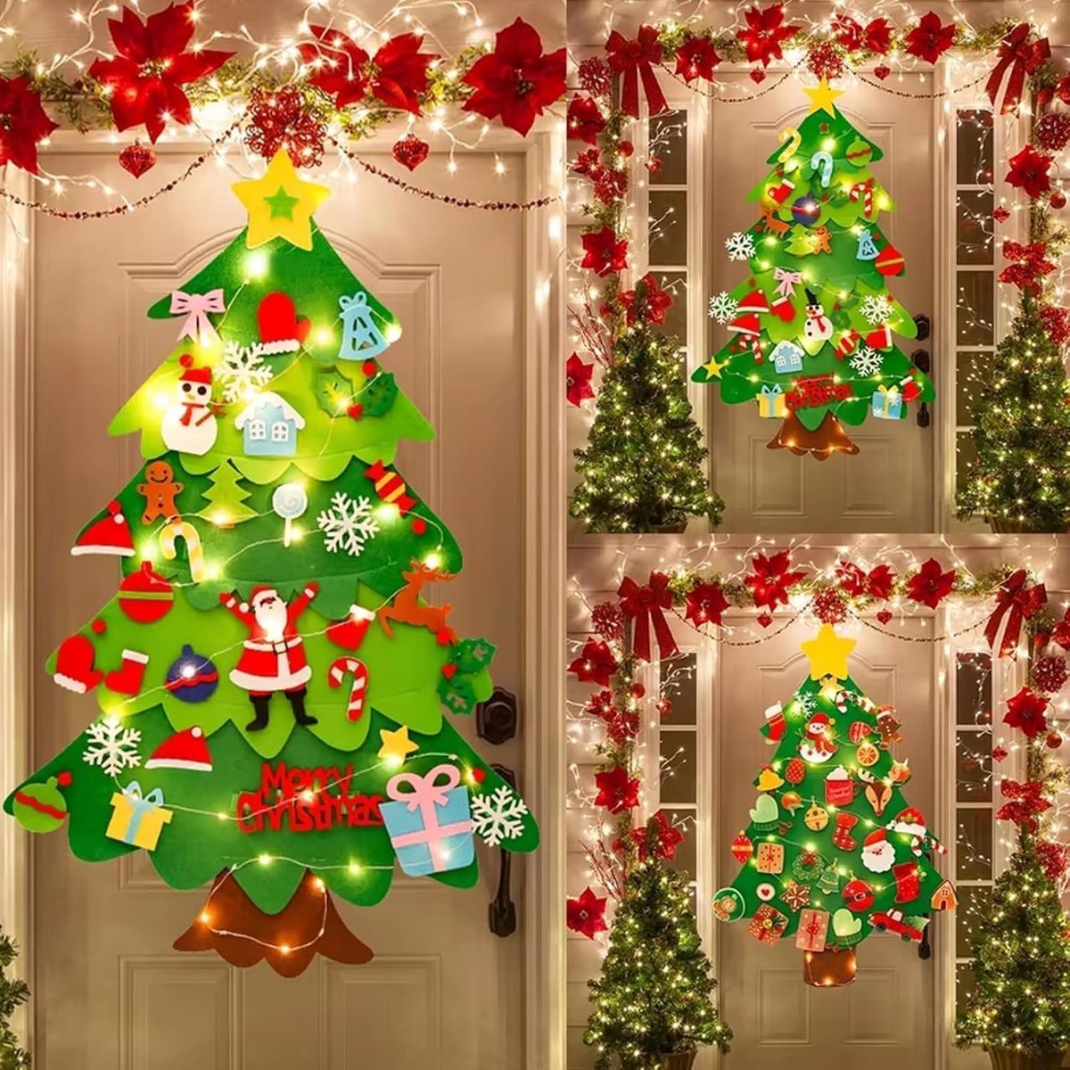 Felt Christmas tree - Christmas tree with lights - Felt Christmas tree for children incl. 32 ornaments - children's gift with string lights - Safe Felt DIY Tree - children's Christmas DIY wall hanging - Christmas Decoration Set - Christmas tree project -