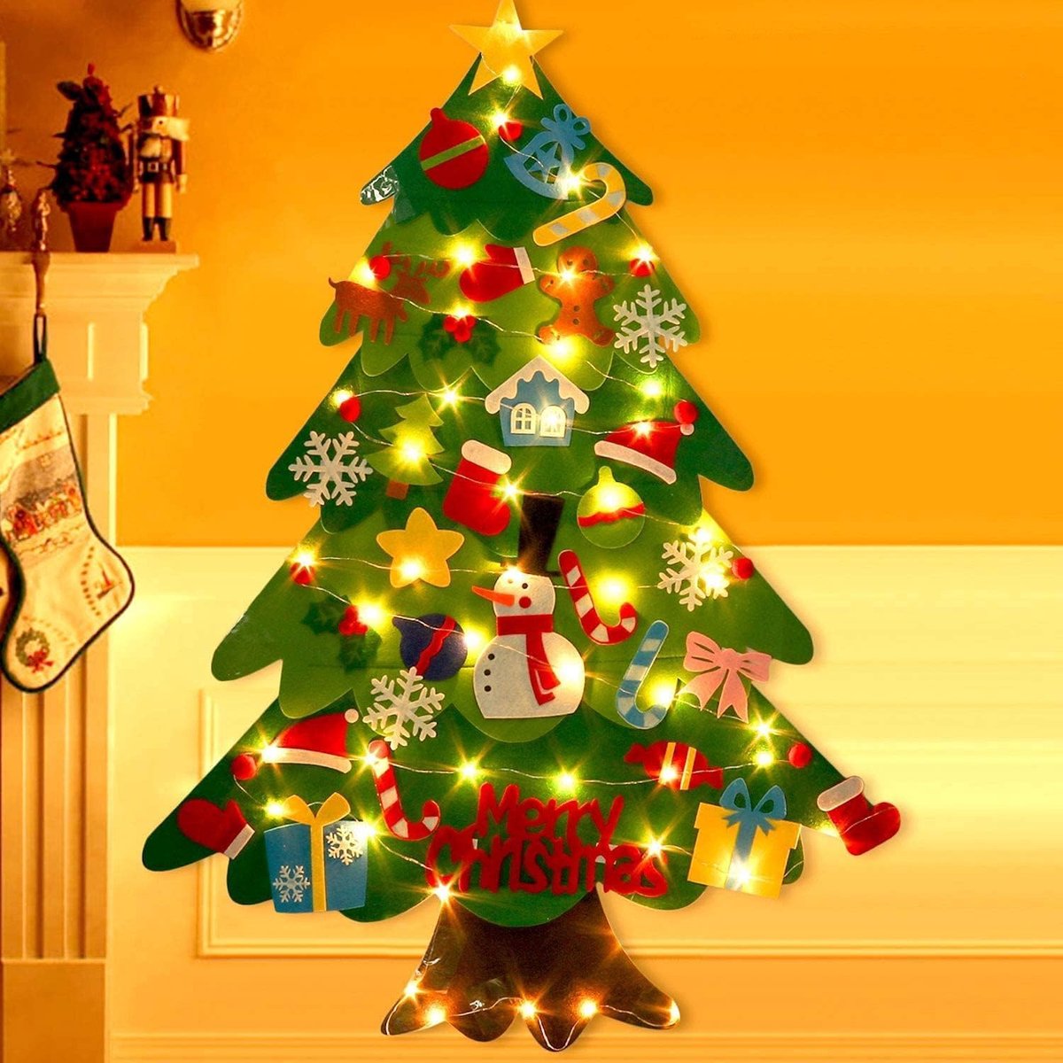 Felt Christmas tree - Christmas tree with lights - Felt Christmas tree for children incl. 32 ornaments - children's gift with string lights - Safe Felt DIY Tree - children's Christmas DIY wall hanging - Christmas Decoration Set - Christmas tree project -