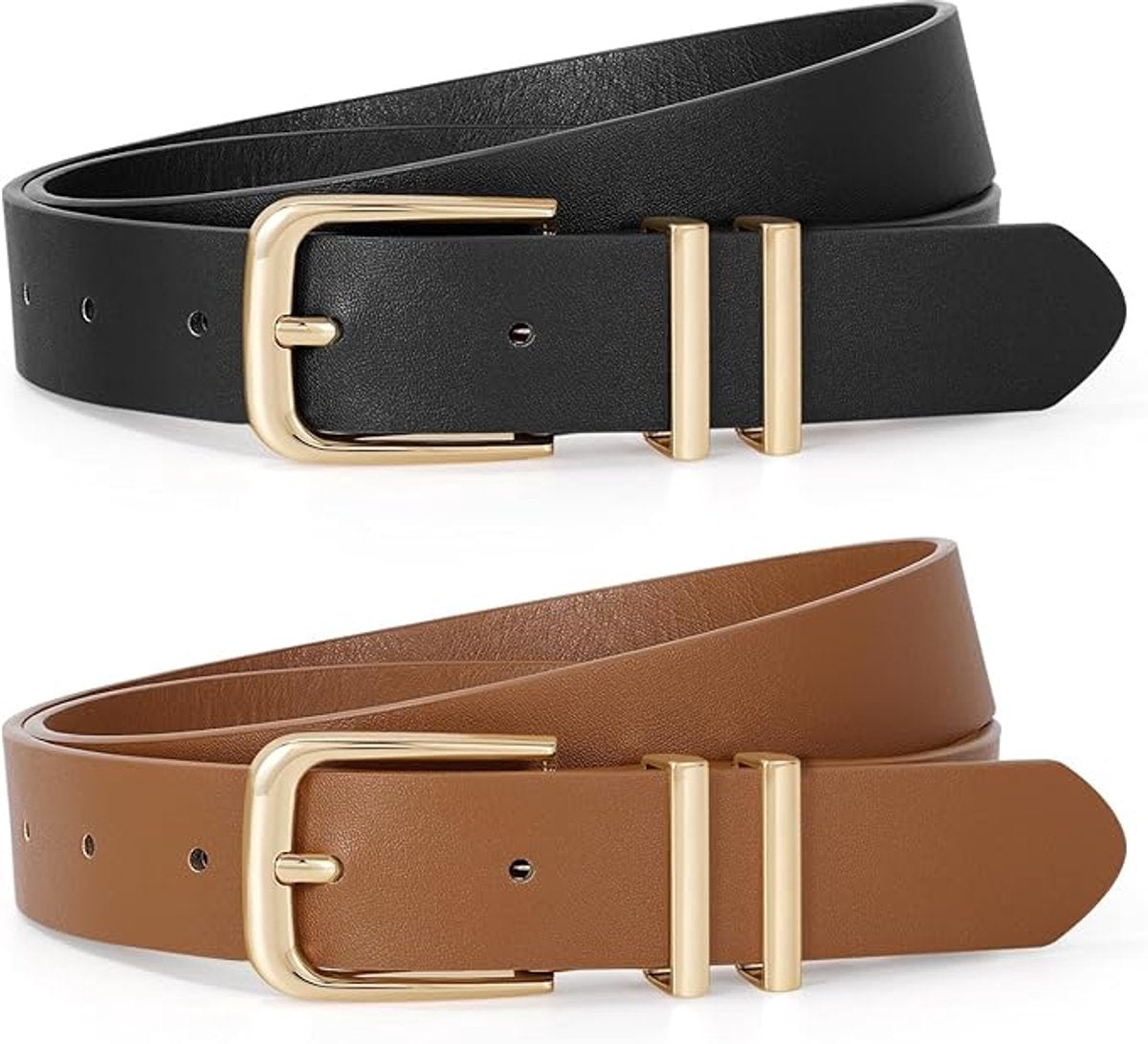 2-Piece Belt - Women's Belt - Stylish Retro - Trouser Belt - Women - Adjustable Unisex Belt - 110cm - Leather - Women's Belts for Jeans Dresses Trousers Women's Leather Waist Belt with Gold Buckle - 110 CM - Black/Brown