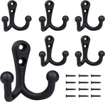 6 pieces - 54*49mm - Hook - Clothes hook - Retro double coat hooks - Wall hook - Metal hook - Universal hooks - with 12 screws - for coat, scarf, bag, towel, key, cap, cup, hat - black