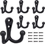 6 pieces - 54*49mm - Hook - Clothes hook - Retro double coat hooks - Wall hook - Metal hook - Universal hooks - with 12 screws - for coat, scarf, bag, towel, key, cap, cup, hat - black