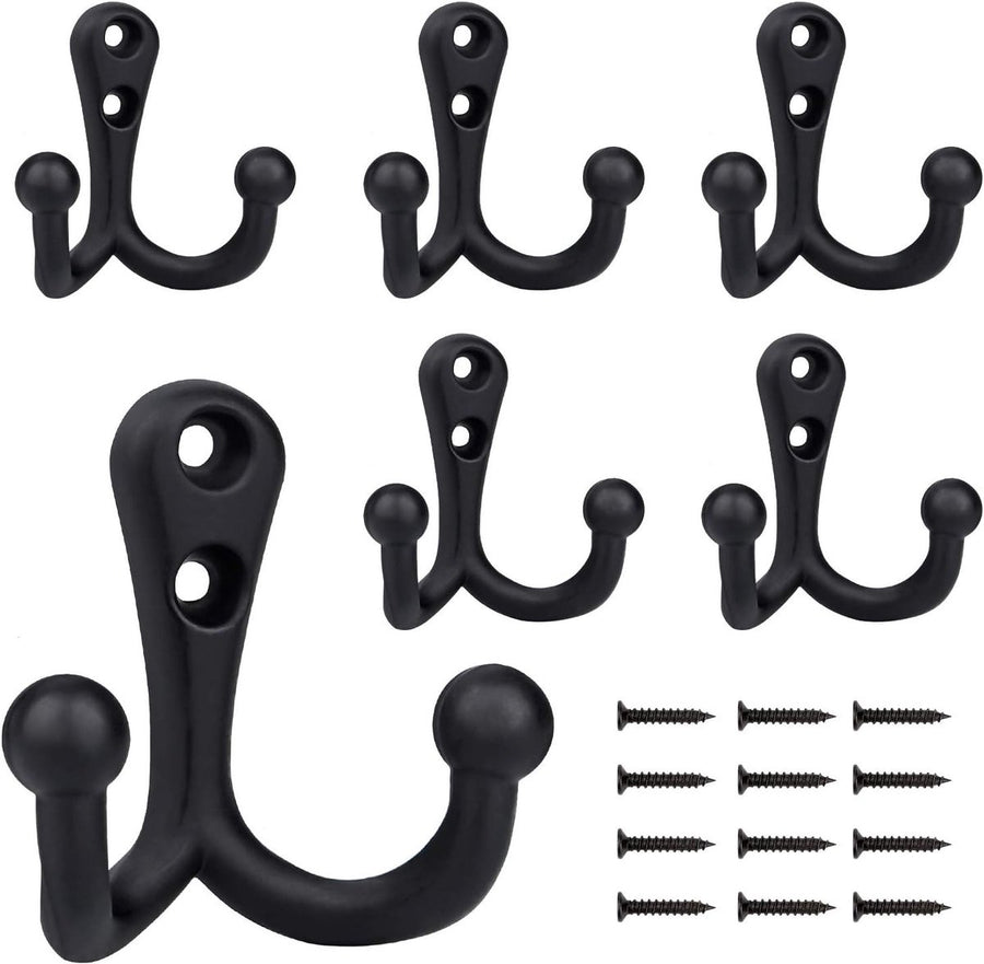 6 pieces - 54*49mm - Hook - Clothes hook - Retro double coat hooks - Wall hook - Metal hook - Universal hooks - with 12 screws - for coat, scarf, bag, towel, key, cap, cup, hat - black