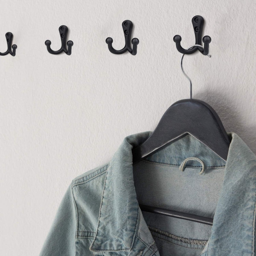 6 pieces - 54*49mm - Hook - Clothes hook - Retro double coat hooks - Wall hook - Metal hook - Universal hooks - with 12 screws - for coat, scarf, bag, towel, key, cap, cup, hat - black