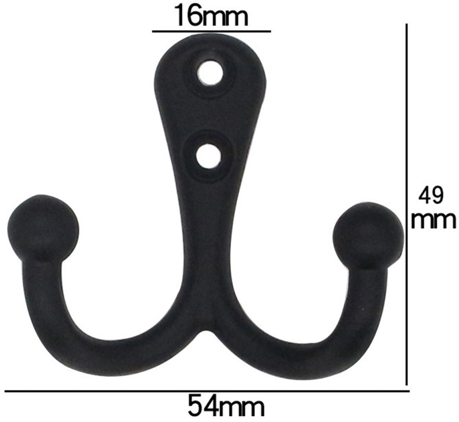 6 pieces - 54*49mm - Hook - Clothes hook - Retro double coat hooks - Wall hook - Metal hook - Universal hooks - with 12 screws - for coat, scarf, bag, towel, key, cap, cup, hat - black