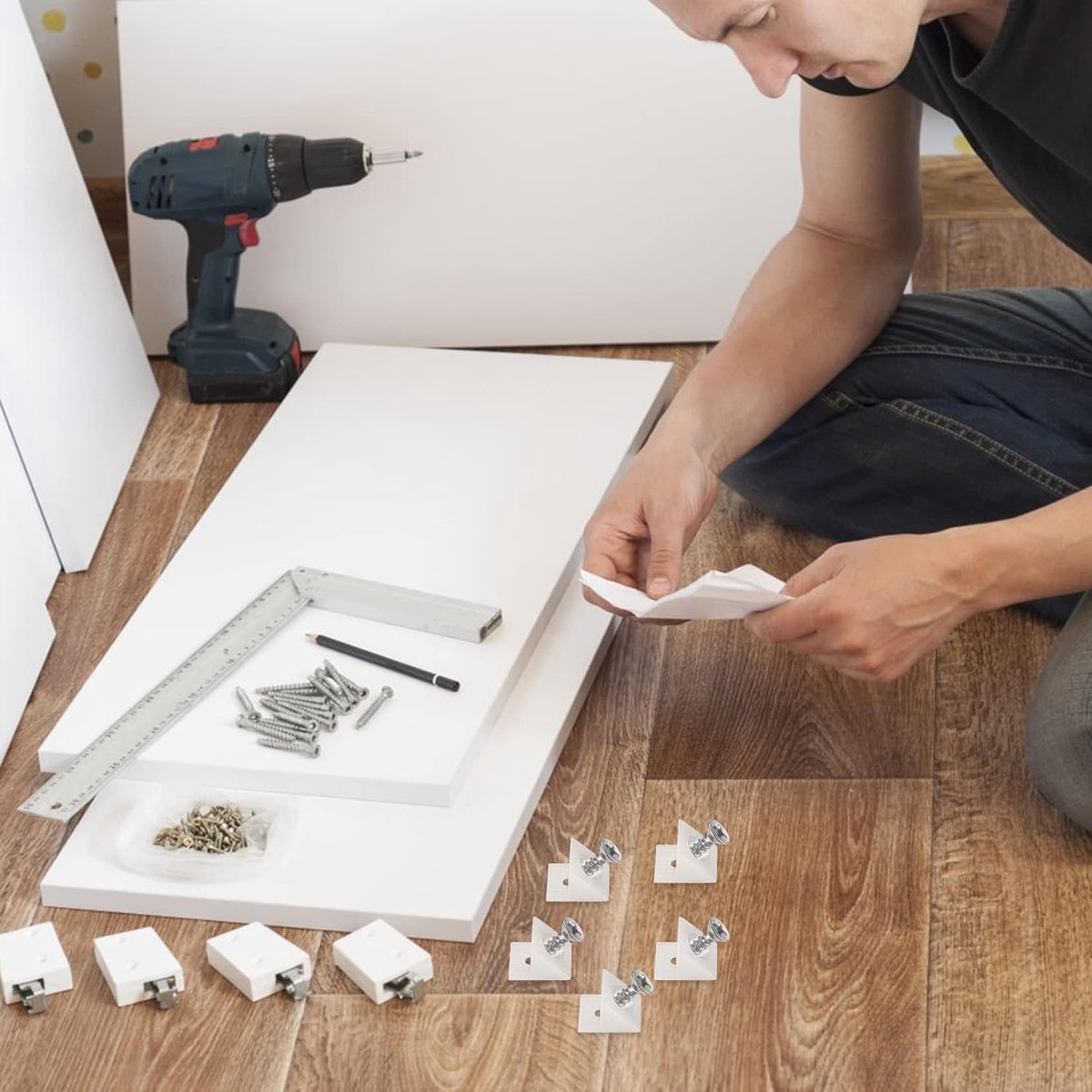50 pieces - drawer wedges - drawer repair kit - L-shaped drawer wedges - with screws - mounting wedges - drawer back supports - cabinet shelf support - plastic drawer reinforcement repair kit - for home repair and furniture - 15*12.8*9.6 cm - white