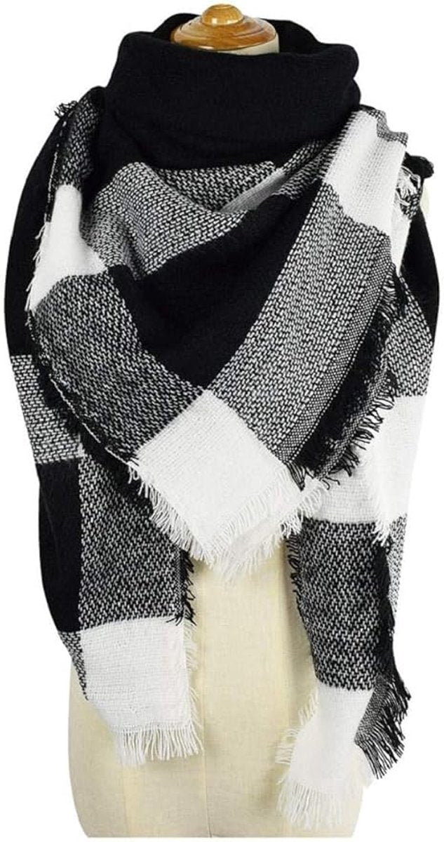 scarf - women's scarf - Women's Triangle Scarf - women's winter scarf - small scarves for women - Women's Wrap - Triangular scarf - Scarf with fringe - Faux cashmere - Warm for autumn and winter - Large checked tassel scarf - Black & White