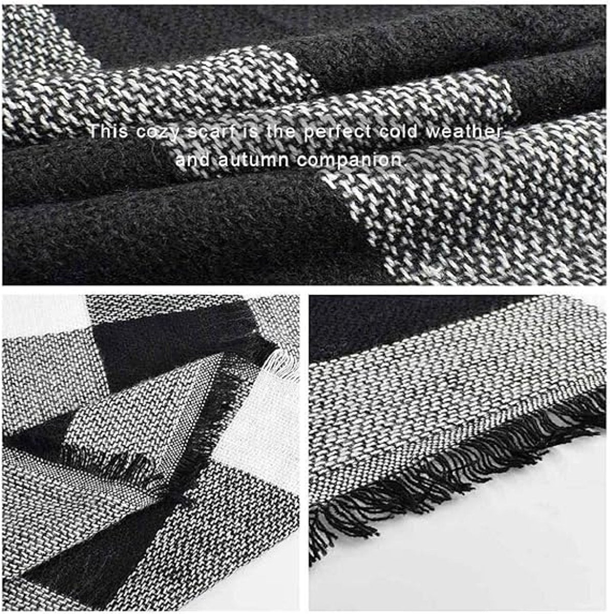 scarf - women's scarf - Women's Triangle Scarf - women's winter scarf - small scarves for women - Women's Wrap - Triangular scarf - Scarf with fringe - Faux cashmere - Warm for autumn and winter - Large checked tassel scarf - Black & White