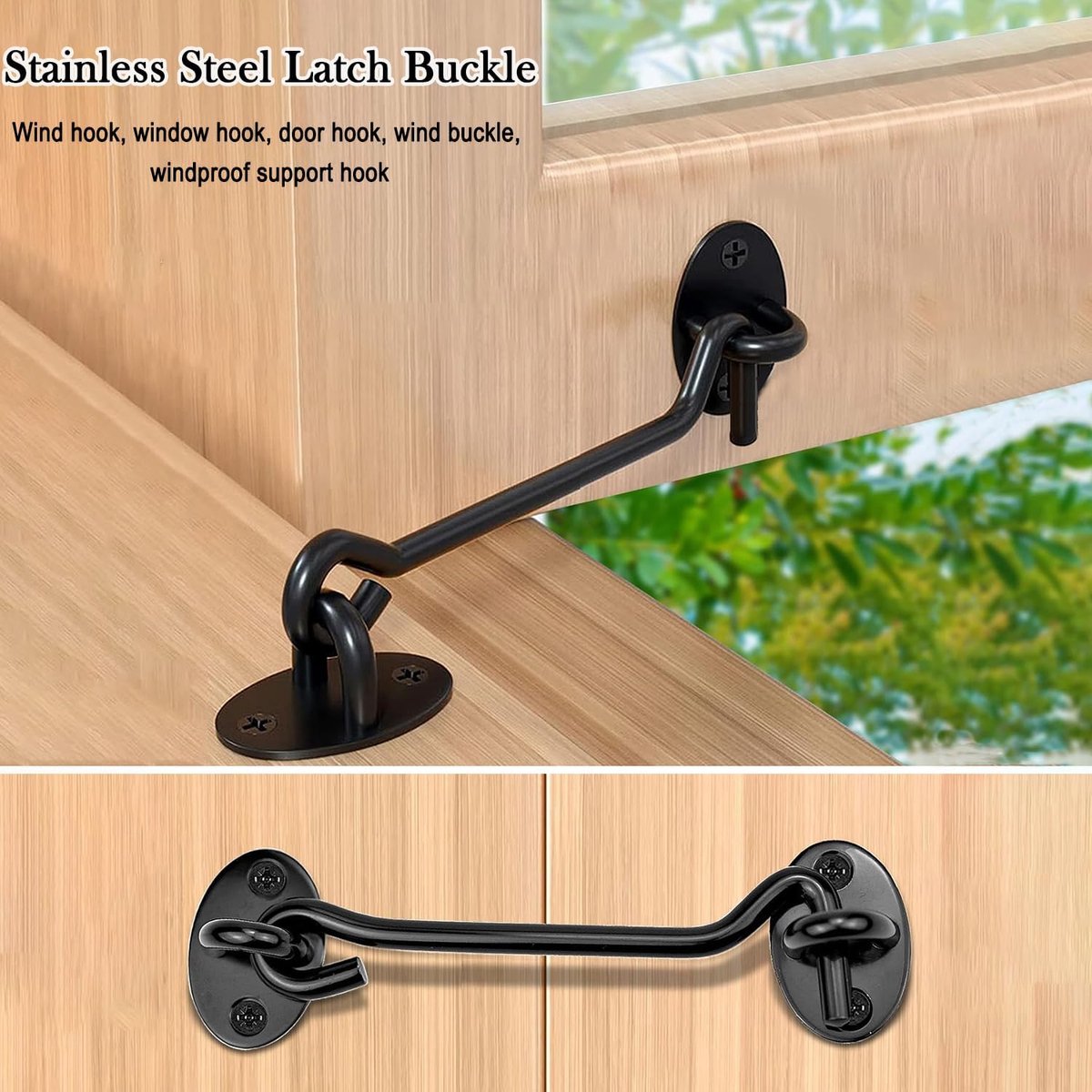 pieces - Wind hook - 3 inch - Wind hooks - Door hinges - Door bolt - Hinge - barn door hook - hook and eye bolt - cabin hooks and eye bolt - swivel window hook - door hooks - lock - for sliding door, bedroom, bathroom - 75*39 mm - black