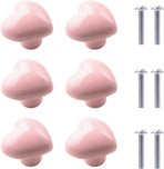 Set of 6 pink ceramic knobs - heart shape - with screws for drawers - cabinets - kitchen furniture - decorative handles