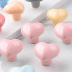 Set of 6 pink ceramic knobs - heart shape - with screws for drawers - cabinets - kitchen furniture - decorative handles