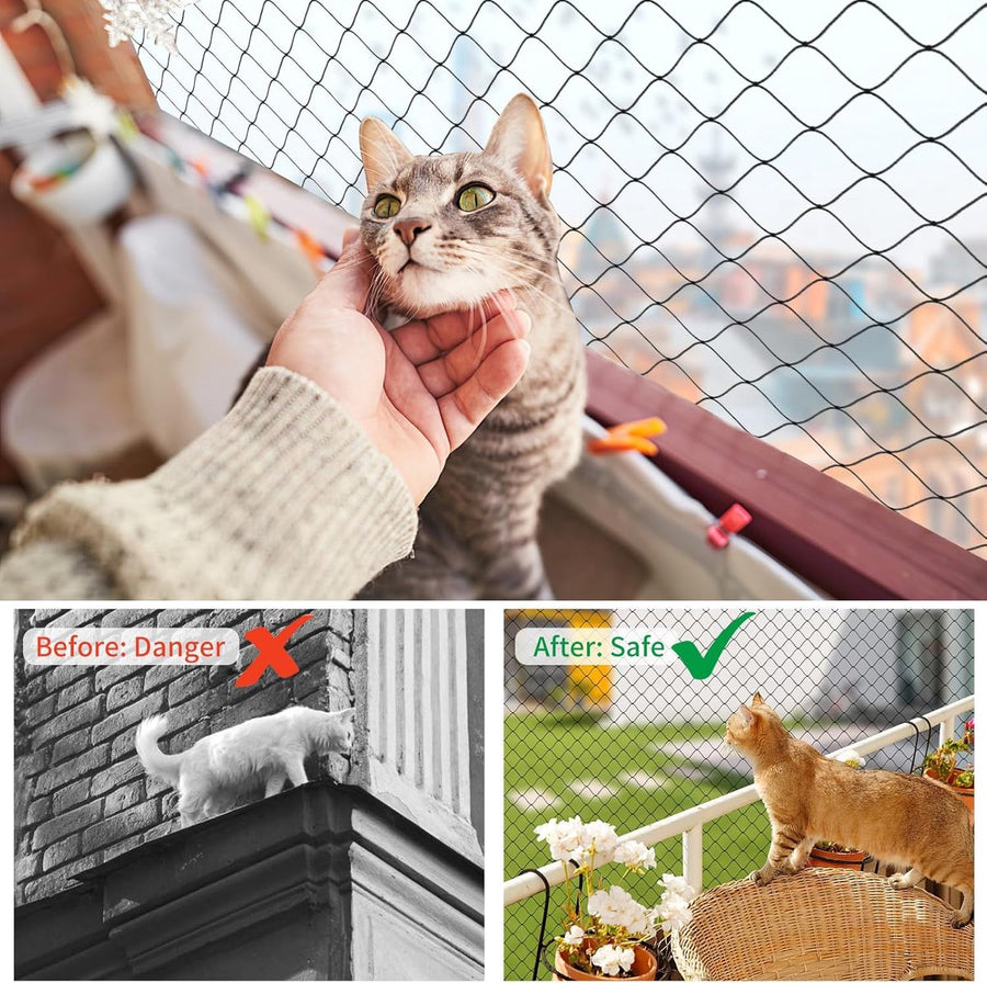 Cat Net - 8*3 m - Cat Balcony Net - Cat Protection Net - Cat Mesh - fall protection net for cats - fall safety net - mesh balcony railing - dog fencing - fall protection net for pets - safety net - with accessories - black