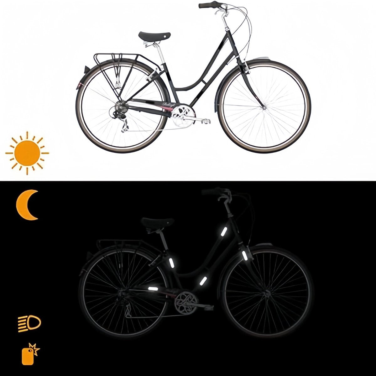 (4 pieces) 12 strips - Night vision stickers - reflective stickers - reflective strips - motorcycle decoration - for visibility in the dark - for bicycle, stroller, buggy, helmet, motorcycle, scooter, toys - 7*1.8 cm and 2.1 cm - black