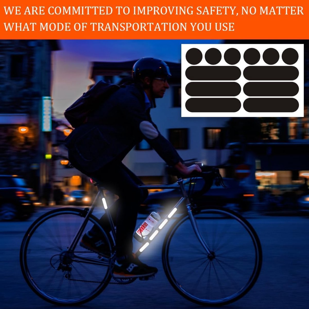 (4 pieces) 12 strips - Night vision stickers - reflective stickers - reflective strips - motorcycle decoration - for visibility in the dark - for bicycle, stroller, buggy, helmet, motorcycle, scooter, toys - 7*1.8 cm and 2.1 cm - black