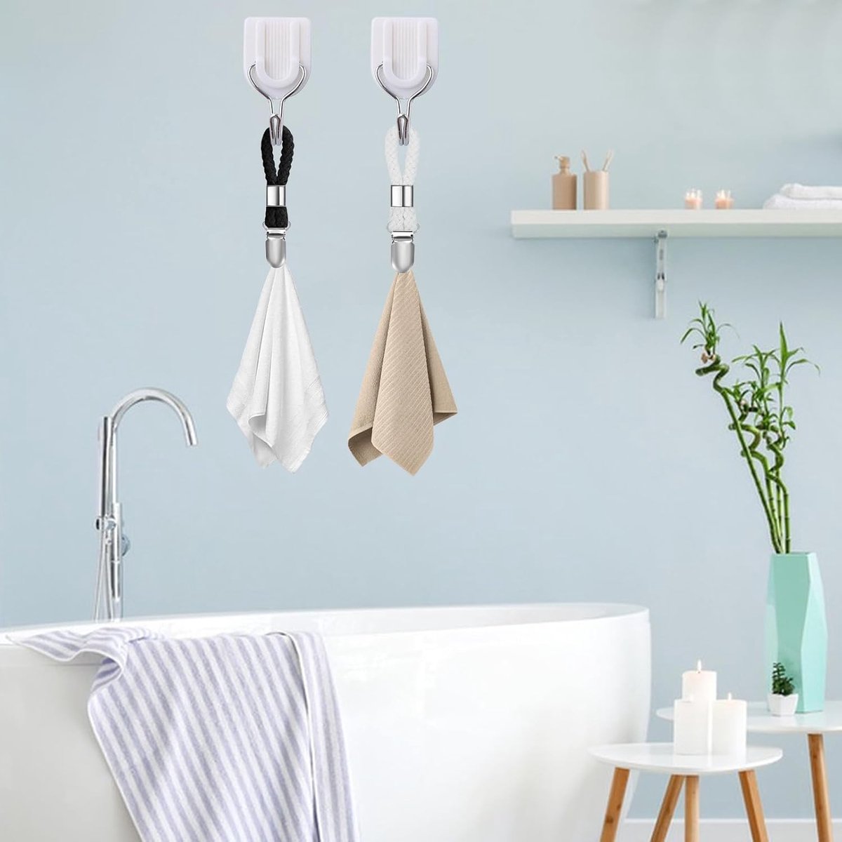 6 pieces - towel clips - bath towel clip - metal kitchen tea towel hooks - with woven cotton rope loop - for hanging tea towel holders in kitchen, bathroom, home - black and white - 11*2.3 cm