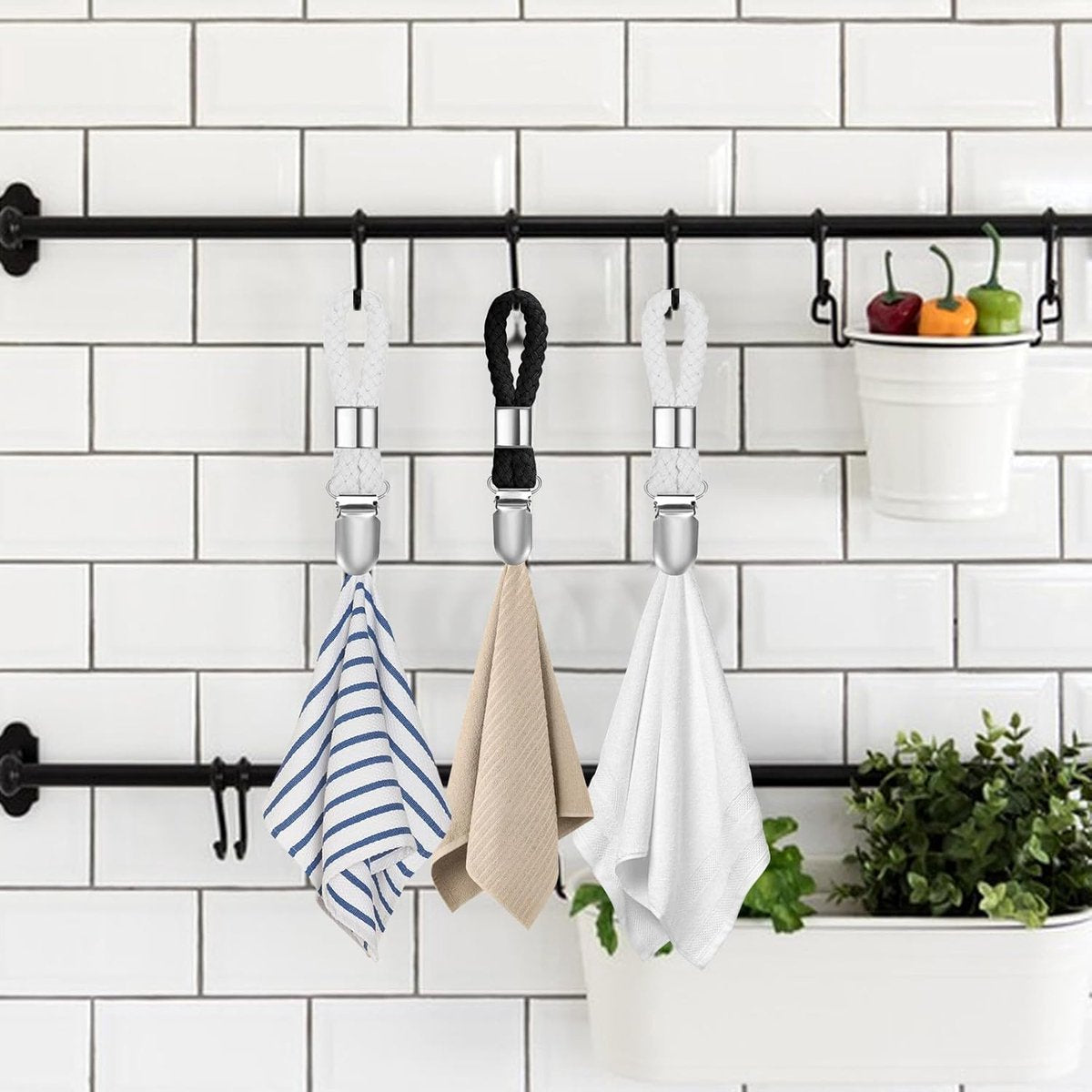 6 pieces - towel clips - bath towel clip - metal kitchen tea towel hooks - with woven cotton rope loop - for hanging tea towel holders in kitchen, bathroom, home - black and white - 11*2.3 cm