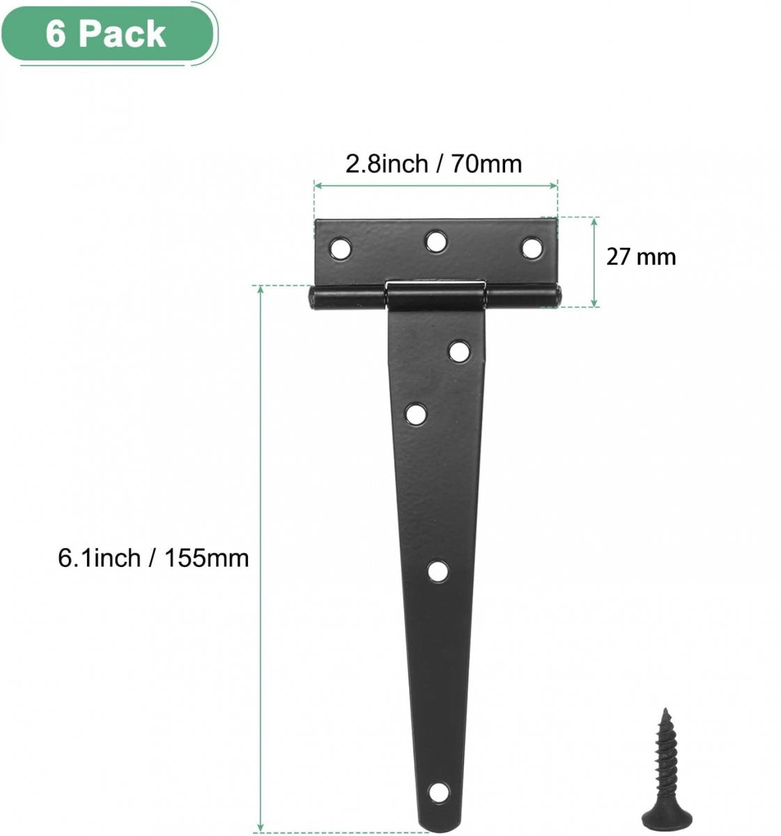 pieces - T-hinge for door - with screws - 6 inch - shed door hinge - T-door hinge - T-hinges - T-hinge - exterior door hinges - for wooden fences, sheds, cabinets and windows - black - 6.4*25 cm