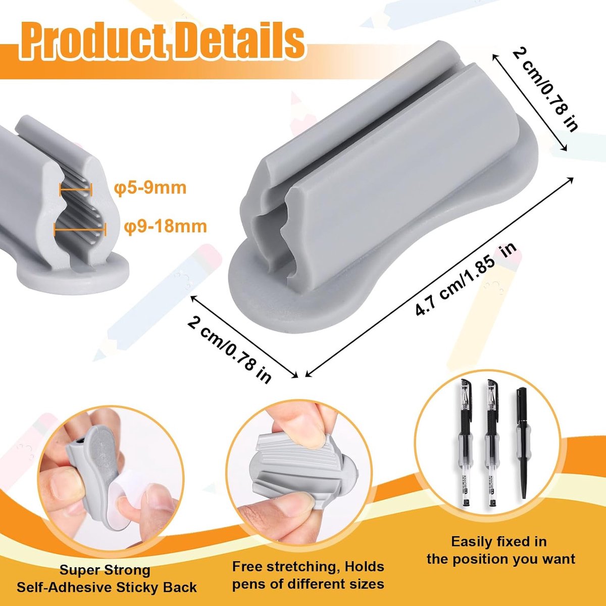 12 pieces - pen holder - pen holder for desk - self-adhesive silicone pen holder - for clipboard mounting in classroom - highlighter holder - pencil holder - for desk, classroom, office accessories - black, white and grey - 2*4.7 cm