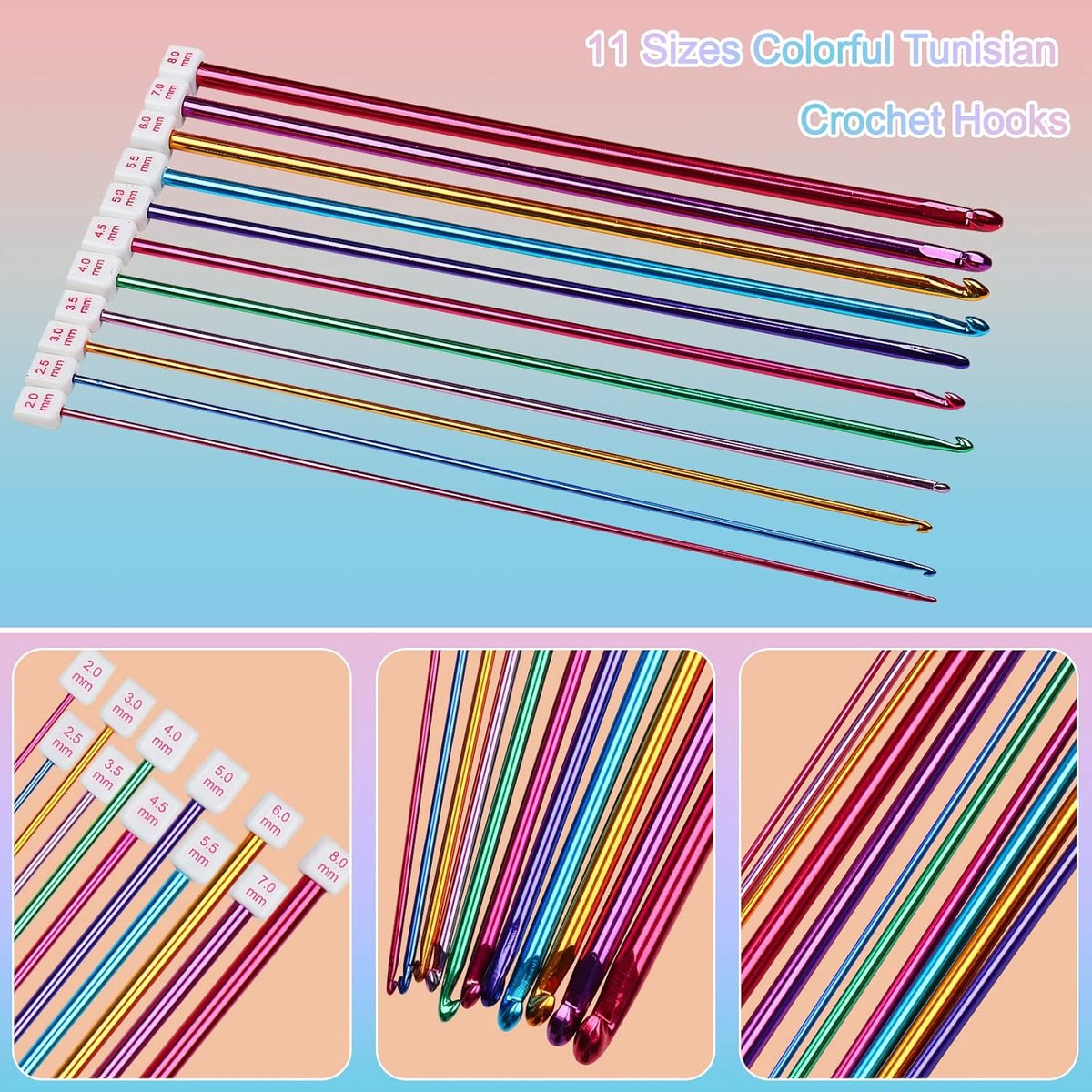 11 knitting needles - Tunisian crochet hook set - multicolored aluminium Tunisian crochet hooks - Tunisian Crochet - knitting needle set - Knitting needle set for crochet enthusiasts and beginners - 2mm to 8mm