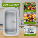 Sink drain basket - Strainer - Washing vegetables and fruit - Draining cooked pasta and drying dishes - Extendable and telescopic - New kitchen accessories for the home - Grey