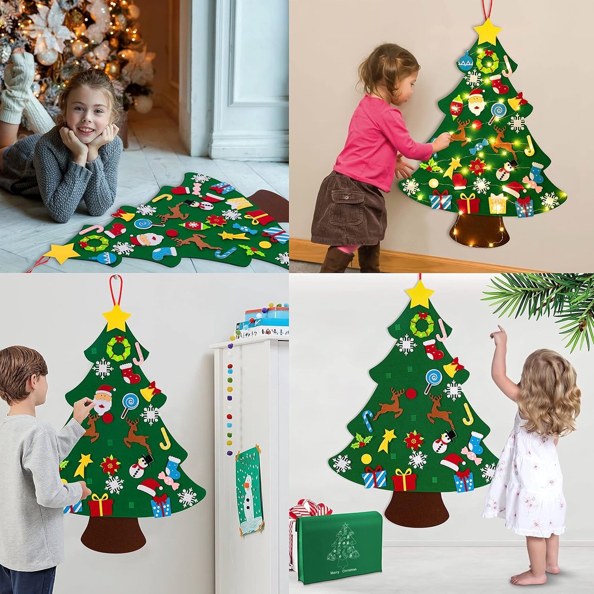Felt Christmas tree - With Snowman advent calendar - Christmas decoration set - Felt Christmas tree for children incl. 33 ornaments - Mini Christmas tree - children's gift with string lights - Safe felt DIY tree - children's Christmas DIY wall hanging - C