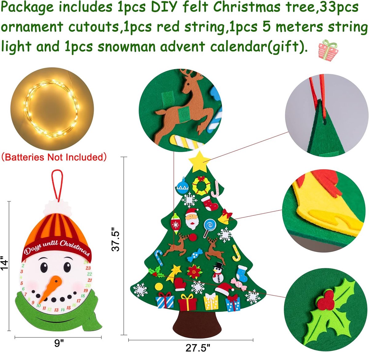 Felt Christmas tree - With Snowman advent calendar - Christmas decoration set - Felt Christmas tree for children incl. 33 ornaments - Mini Christmas tree - children's gift with string lights - Safe felt DIY tree - children's Christmas DIY wall hanging - C