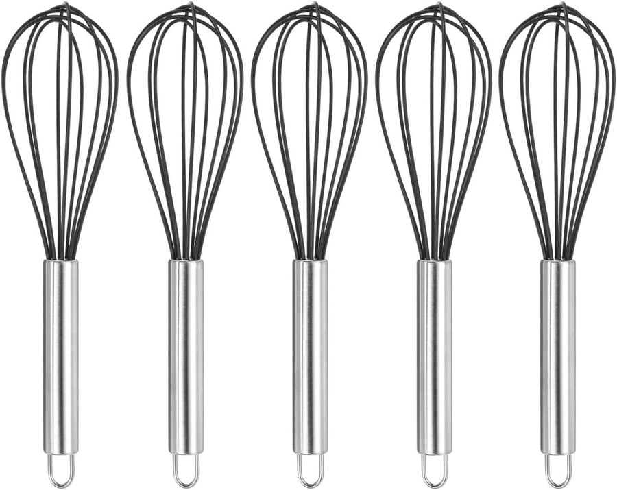 Set of 5 Egg Beaters - 10 Inch - Whisk - Beater Set - Kitchen Whisk - Hand Mixer - Silicone Egg Beater - Manual Egg Beater - Scratch-Free Beating - Non-Stick - for Beating Eggs, Blending, Whipping & Stirring - Black