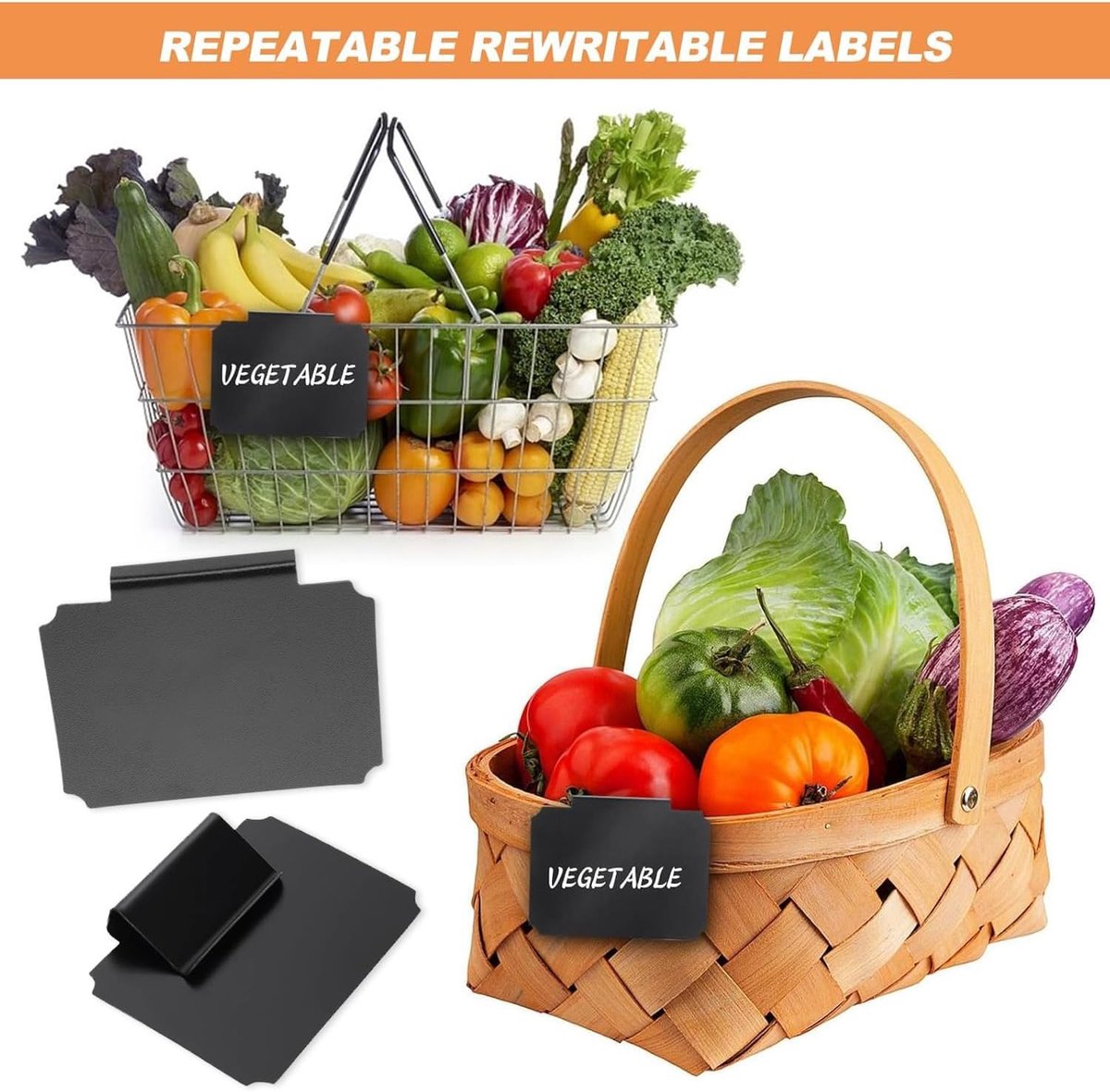 12 pieces - Labels - basket labels with clip - removable storage rack labels - chalkboard label - label holders - clip-on labels - shelf labels - PVC label - reusable - for bins, baskets, boxes - 9*7 cm - black