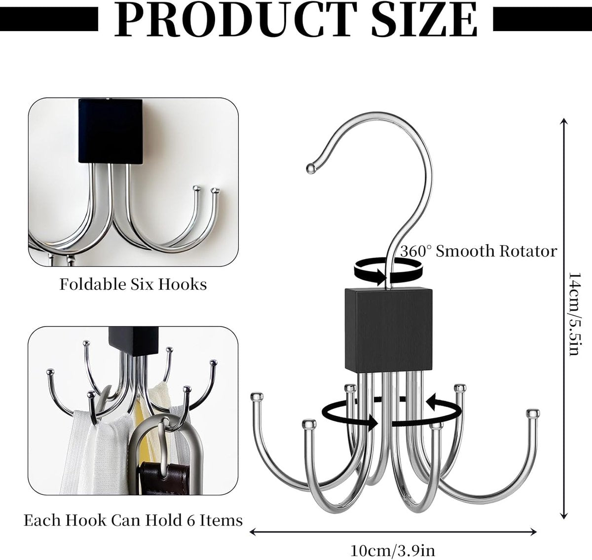 2 pieces - Belt Rack - Belt Organizer - Bra Hanger - Tank Top Hanger - Clothes Hanger - Clothes Hangers - 360° Rotating Metal - Bra Organizer - Storage Rack - with 6 Hooks - for belts, ties, tank tops, bras, scarves and handbags - 14*10 cm - Black