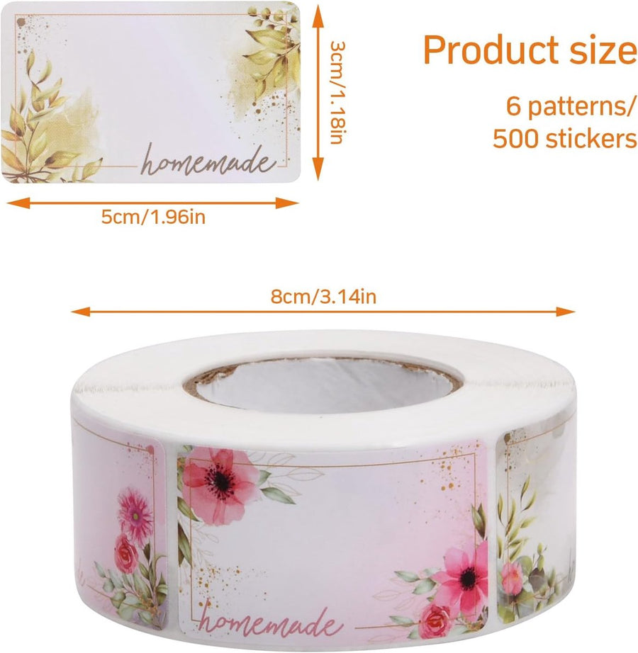 Self-adhesive jam labels - 500 pieces - 3x5 cm - easy-to-remove adhesive food labels - with floral pattern - for refrigerator, kitchen containers, and bottles