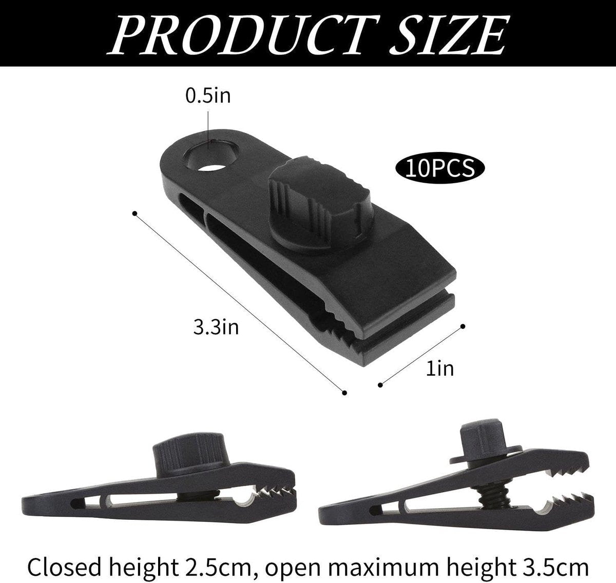 10 pieces - 2.6*8.3*3 cm - tent clips - tarp clips - clips for outdoor awnings - clips for sun sails - clips for tent tarpaulins - awning accessories - black