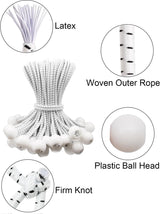 50 pieces - 6 inch - Elastic rope - Elastic cord - Tensioning elastic - tension cord - ball bungee cords - with balls - reusable - for golf nets, soccer goals, camping, tent poles, hose - white rope black spot - 150*22 mm - Rear View