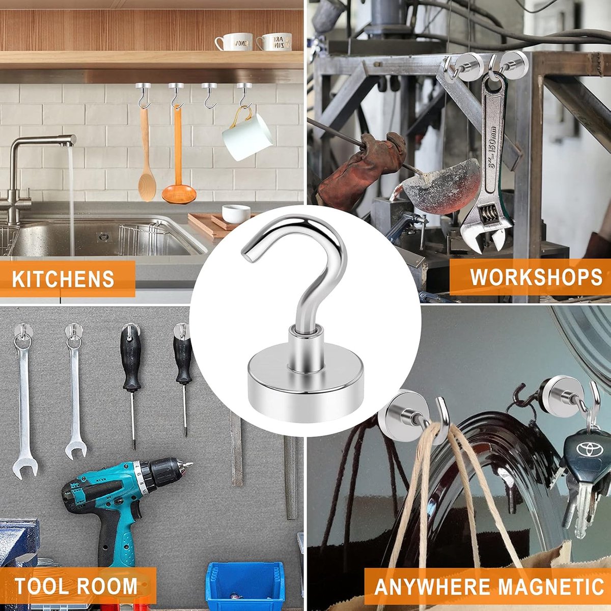 magnetic hook - 10 pieces for more than 5 kg - super strong pulling force - magnet with hook - heavy magnetic hook for hanging, kitchen - silver