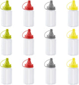 12 pieces - 3.2*3.2*8 cm - sauce bottles - portable sauce bottles - mini sauce bottles - squeeze bottle - ketchup bottle - salad dressing bottle - leak-proof plastic sauce bottles - squeezable sauce containers - kitchen supplies - grey, red, yellow, green